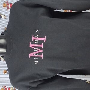 Vintage Women's embroidered Michigan spellout black & pink LG pullover crewneck